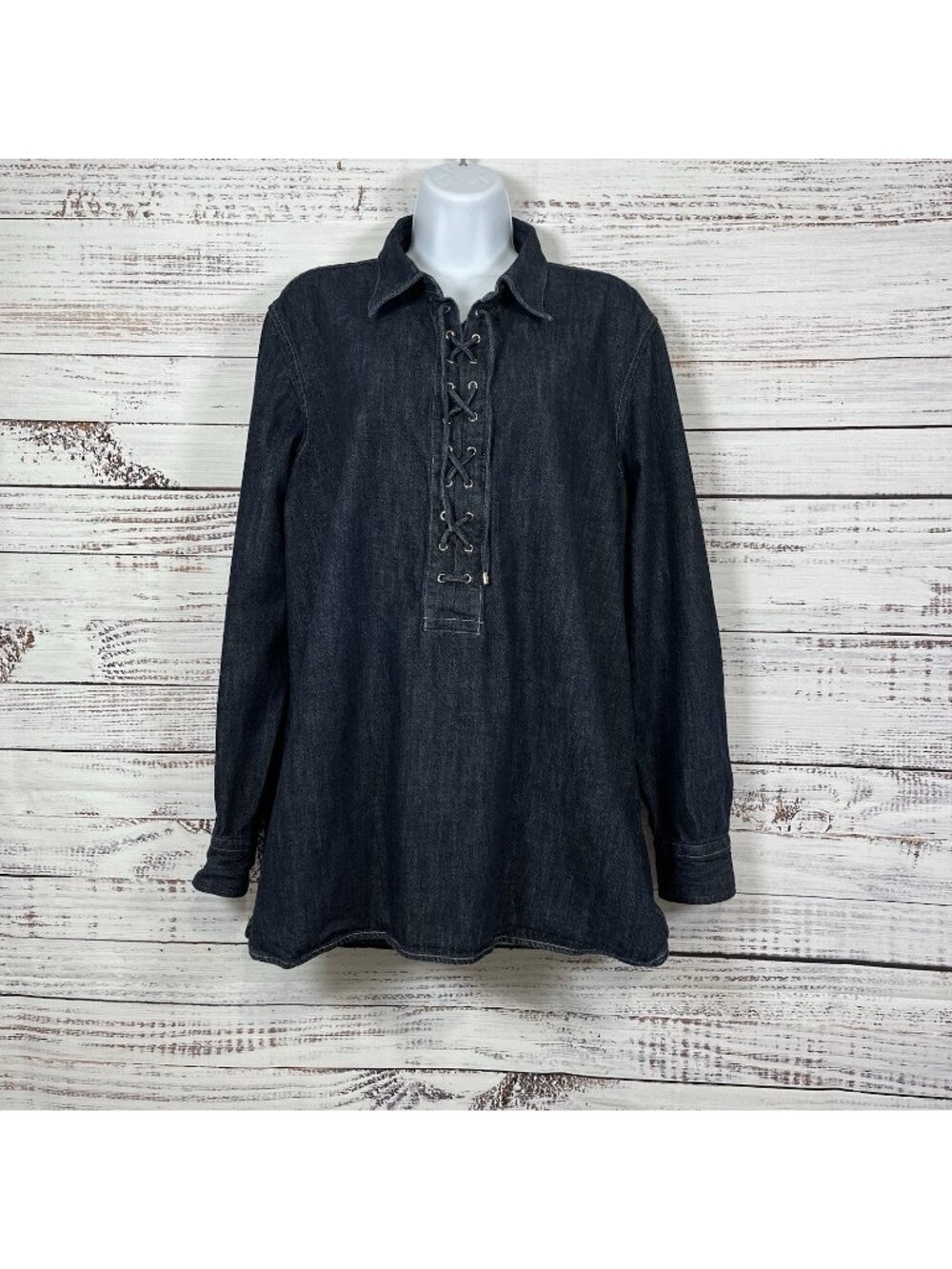 Lauren Ralph Lauren Dark Wash Lace Tie Long Sleeve Tunic Top